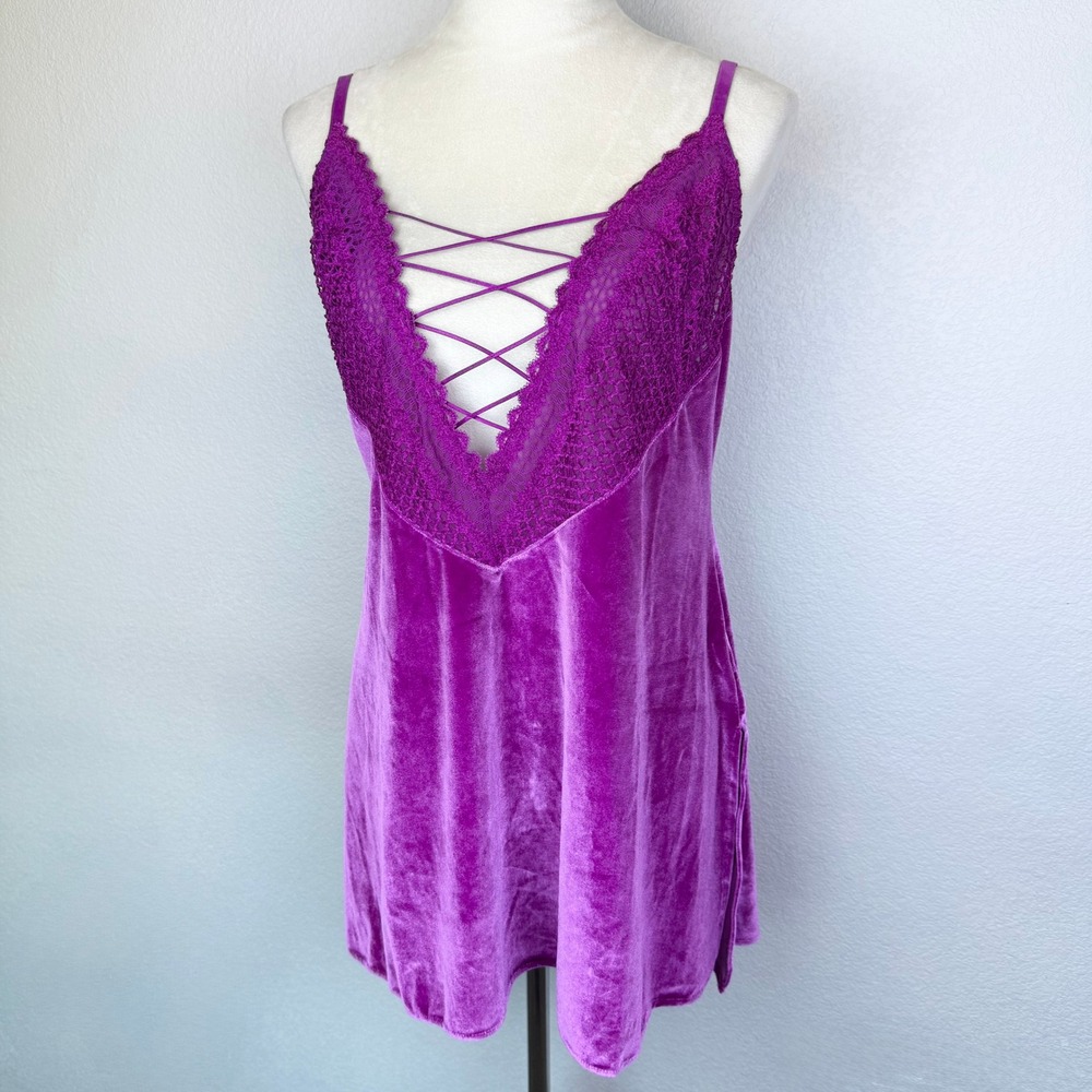 Savage X Fenty Magenta Velvet Vixen Lace Up Trim Slip Dress Strappy Chic Size 1X - Picture 2 of 8